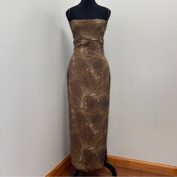 NEW! Mirror Palais- S&M PAISLEY-PRINT COWL-NECK SILK MIDI DRESS Brown Size M - Picture 5 of 14